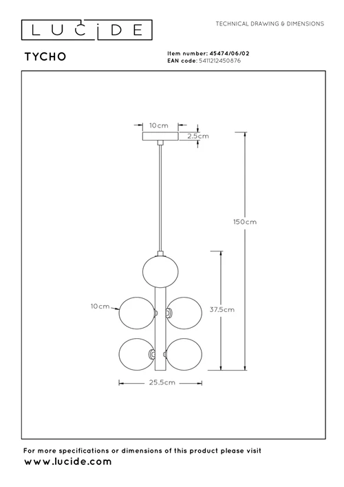 Lucide TYCHO - Lámpara colgante - Ø 25,5 cm - 6xG9 - Oro mate / Latón - técnico